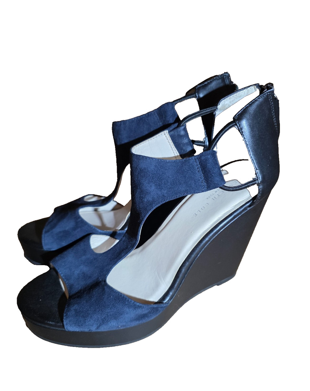 Kenneth Cole Hayley Wedge Sandals Strap Heels Womens 10M Navy Blue Suede Leather